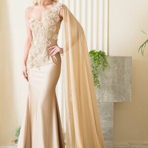 NEW champagne One Shoulder Lace Bodice Evening Dress AC388